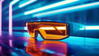 A futuristic set of smart glasses with yellow-orange lenses and sleek design in a neon-lit environment.