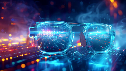 Sticker - Futuristic glasses with transparent frames, set against a vibrant digital backdrop featuring neon lights.