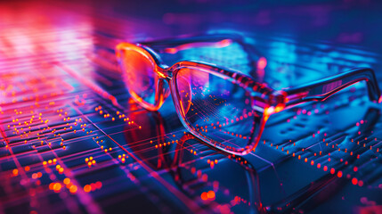 Wall Mural - Close-up image of transparent eyeglasses on a futuristic glowing circuit board in red and blue hues.