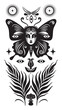 Black and white vertical illustration on the theme of mystic and esoteric. Butterfly with woman face and decorative elements, fern branches
