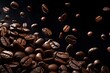 A captivating close-up of coffee beans cascading through the air, emphasizing the beauty and intensity of freshly roasted, gourmet coffee awaiting the perfect brew.
