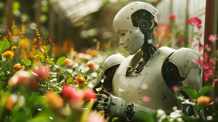 Wall Mural - A futuristic robot interacting gently with flowers in a lush garden environment, showcasing a contrast between technology and nature.