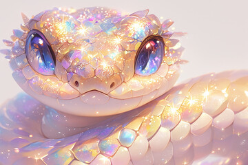 2025 snake with blue eyes and a pink body. The snake is sitting on a white background. The image has a whimsical and playful mood