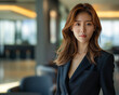 © NaphakStudio - An elegant portrait showcases the poise of a gorgeous young Asian female CEO, clad in a sleek black suit, within the confines of a spacious and stylish office setting.