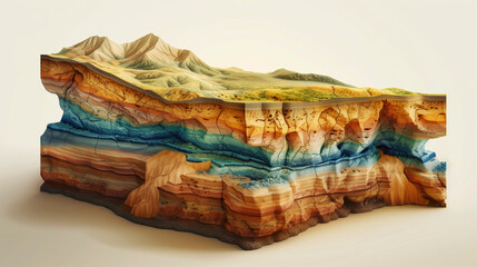 Wall Mural - A detailed layered geological cross-section artwork showcasing the stratification of a mountainous landscape.