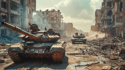 Wall Mural - A tank is driving through a city with buildings in ruins