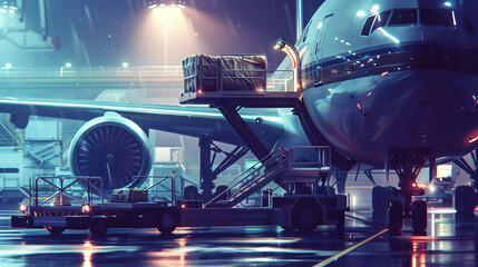 Wall Mural - Detailed airport scene featuring a large passenger airplane during the boarding process.