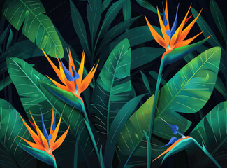 Strelitzia reginae flower in the jungle, vector illustration