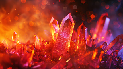 Vibrant orange and red crystal formations sparkle amidst a glowing, dreamy bokeh background.