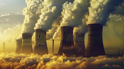 Wall Mural - Dramatic image of multiple cooling towers at a power plant emitting large amounts of steam into a cloudy sky.