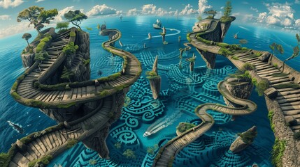 Optical illusion-laden map, surreal in style, with staircases that ascend to airborne islands above convoluted ocean paths.