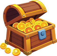 gold coin in the treasure chest vector illustration, Cartoon pirate treasures,  vintage wooden chest with golden