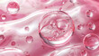 A high-resolution close-up of transparent, shiny bubbles on a glossy pink surface.