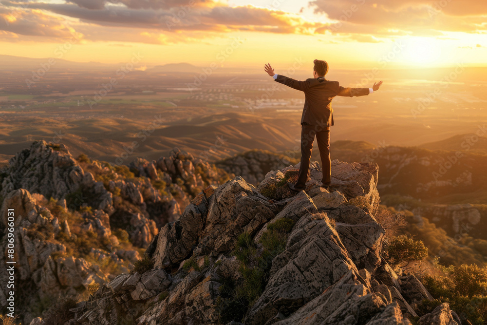 Professional businessman stands with arms raised in victory on a rugged mountain peak, bathed in the warm glow of sunset, overlooking a vast, scenic valley below, embodying achievement and freedom