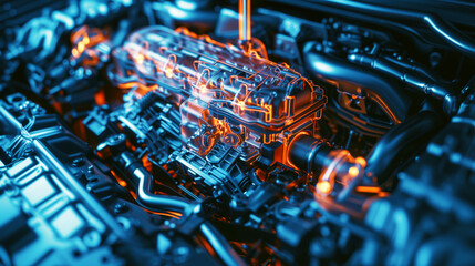 Sticker - Detailed view of a car engine with glowing elements showcasing internals and mechanisms.