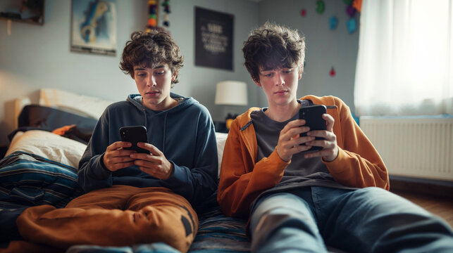 Teenage cell phone addiction. Two guys are sitting in the bedroom and using smartphones, absorbed.