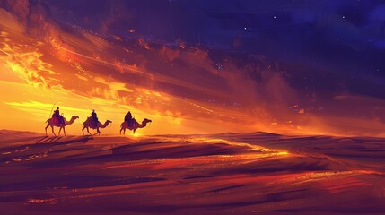 Wall Mural - serene camels trekking across golden sand dunes at twilight tranquil desert landscape digital painting