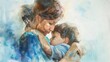 © Bijac - tender moment of mother embracing son with love and affection heartwarming watercolor painting