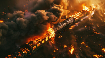 Poster - Dramatic image of a vintage train derailed and engulfed in flames and smoke during the night.