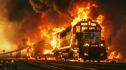 Poster - Dramatic scene of a freight train engulfed in flames at night with intense smoke and fire.