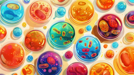 Sticker - Colorful illustration of various petri dishes containing vibrant, stylized bacterial cultures.