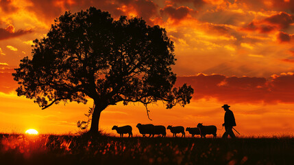 Poster - Silhouette of a shepherd walking with sheep under a large tree at sunset, with a vivid orange sky.