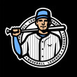 Baseball player with bat, logo on a dark background.