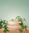 Natural background. A wooden pedestal on a light green background is entwined with climbing ivy. Eco concept