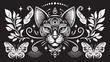 Black and white illustration on the theme of mystic and esoteric. Head of cat and decorative elements, horizontal banner