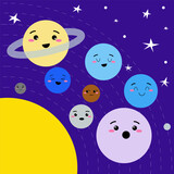 Fototapeta Pokój dzieciecy - Vector solar system with cute kids planets characters,  Earth, Sun, Mercury, Venus, Mars, Jupiter, Saturn, Uranus, Neptune, Pluto, different face emotions.
