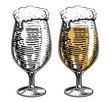 Glass of beer with overflowing foam. Craft ale, alcoholic drink. Clipart drawing for bar or restaurant
