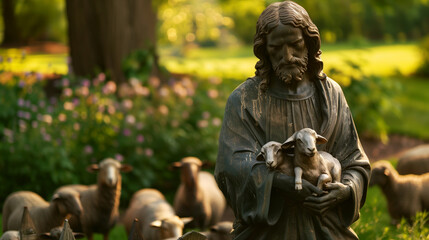 Sticker - A serene statue of a bearded figure holding a lamb, surrounded by sheep and lush vegetation.