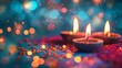colorful clay diya lamps glowing in the dark traditional diwali festival celebration abstract bokeh background