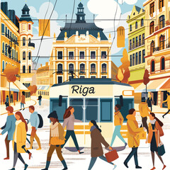 Wall Mural - A busy city street with people walking and a bus with the word Riga on it. Scene is lively and bustling
