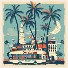 Wall Mural - A colorful painting of Sri Lanka with a bus and palm trees. The mood of the painting is lively and tropical