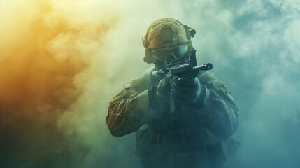 Wall Mural - A soldier in tactical gear holding a rifle surrounded by smoke with a dramatic backlight.