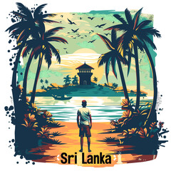 Wall Mural - A man stands on a beach in Sri Lanka. The sky is blue and the water is calm