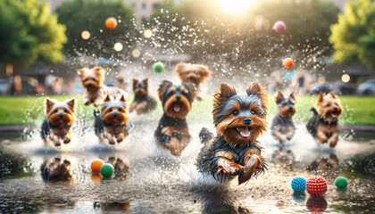 Wall Mural - An energetic scene featuring multiple Yorkshire Terriers running through a shallow pool of water, with splashes surrounding them