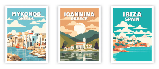 Ibiza, Mykonos, Ioannina Illustration Art. Travel Poster Wall Art. Minimalist Vector art