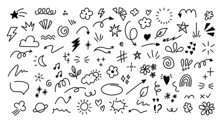 Wall Mural - Set of cute pen line doodle element vector. Hand drawn doodle style collection of heart, arrows, scribble, speech bubble, star. Cute isolated collection for office