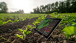 Tablet screen showcases a digital map of the field overlaid with data visualizations.