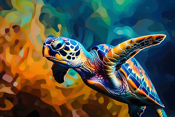 Wall Mural - colorful turtle underwater in the sea illustration AI