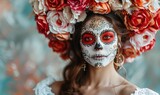 Fototapeta Konie - Portrait of a woman with elaborate Day of the Dead face paint and a floral headpiece, embodying festive Mexican culture.