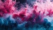 Artistic representation of pink and blue dyes swirling together in a liquid medium against a stark black backdrop.