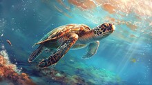 Majestic Sea Turtle Gracefully Gliding Through Tranquil Ocean Waters Underwater Wildlife Digital Illustration