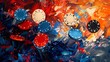 Vibrant poker chips scatter across a canvas painted with broad strokes of crimson and navy, suggesting a sense of speed.