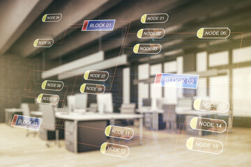 double exposure of abstract programming language interface on modern corporate office background, re