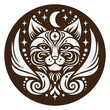 Black and white  illustration on the theme of mystic and esoteric. Head of cat and decorative elements in a circle