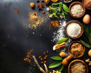 Wall Mural - Spices and herbs on a black background.