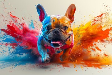 Wall Mural - A dog running through colorful paint splashes.